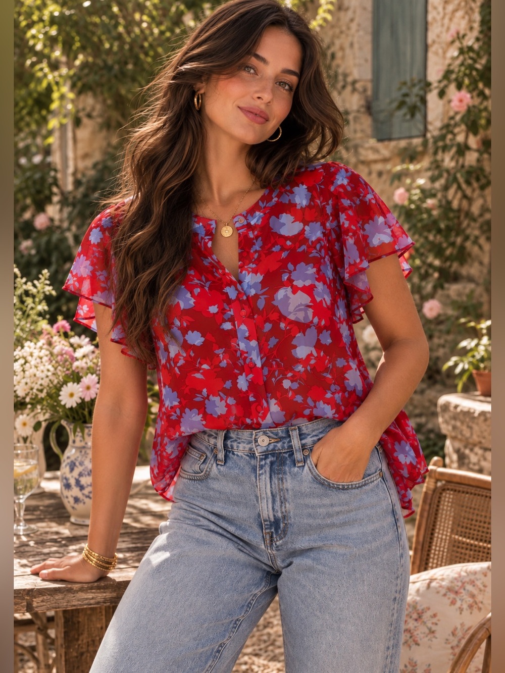 Alexis Daniela Red Blue Floral 100% Silk Ruffle Top XS